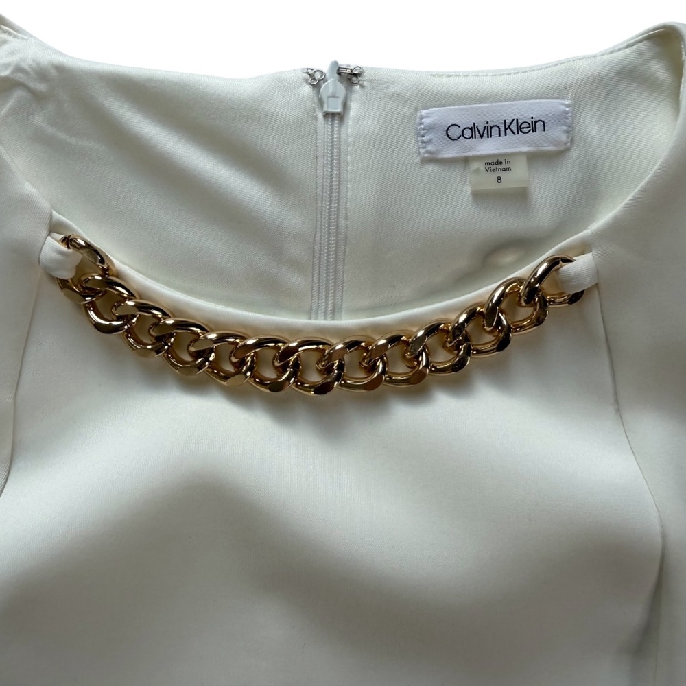 NWT Calvin Klein Cream Sleeveless Sheath Dress Gold Chain Office Bride Evening 8 - Picture 2 of 9